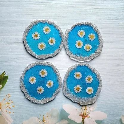 White Daisy Flower on Blue Background Drink Coasters - Set of 4, Housewarming Present, Gift for Host, Stylish Home Decor Essentials