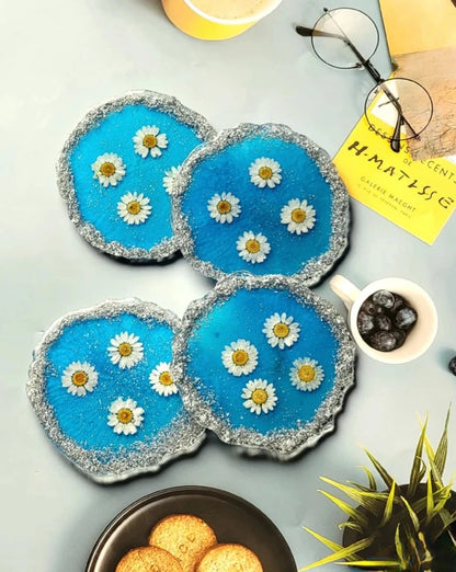 White Daisy Flower on Blue Background Drink Coasters - Set of 4, Housewarming Present, Gift for Host, Stylish Home Decor Essentials