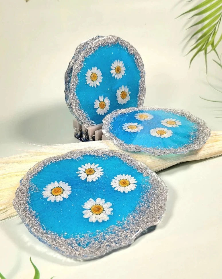 White Daisy Flower on Blue Background Drink Coasters - Set of 4, Housewarming Present, Gift for Host, Stylish Home Decor Essentials