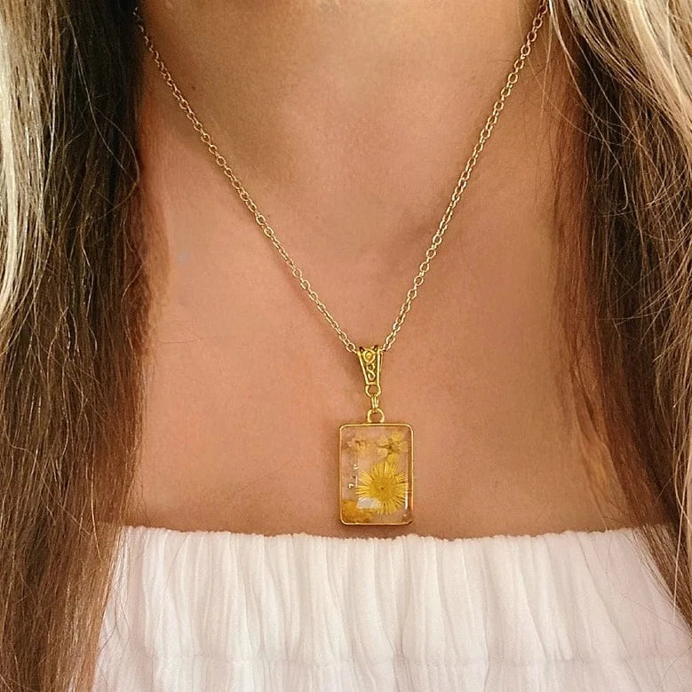 Bright Yellow Flowers Necklace, Golden Botanical Accessory