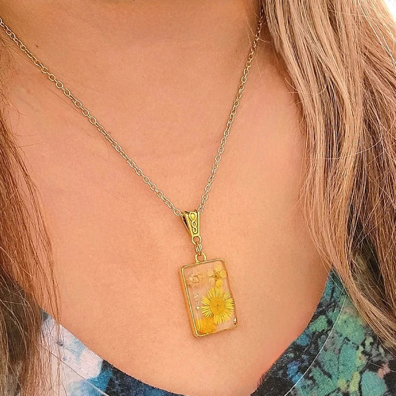 Bright Yellow Flowers Necklace, Golden Botanical Accessory