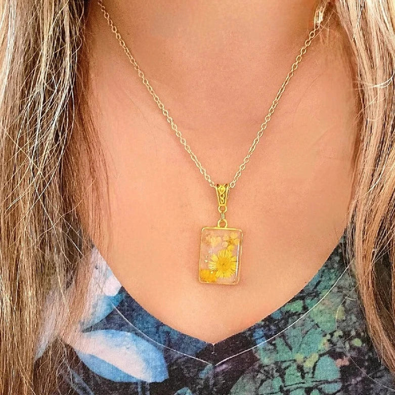 Bright Yellow Flowers Necklace, Golden Botanical Accessory