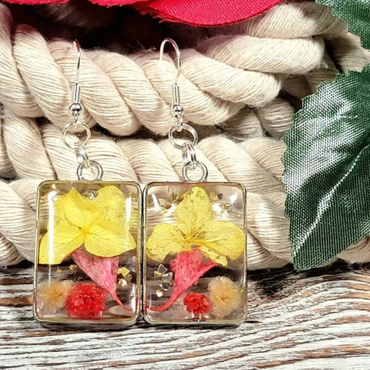 Pressed Yellow & Pink Flower Earrings, Naturally Preserved Real Foliage Dangle, Springtime Floral Wearable Art