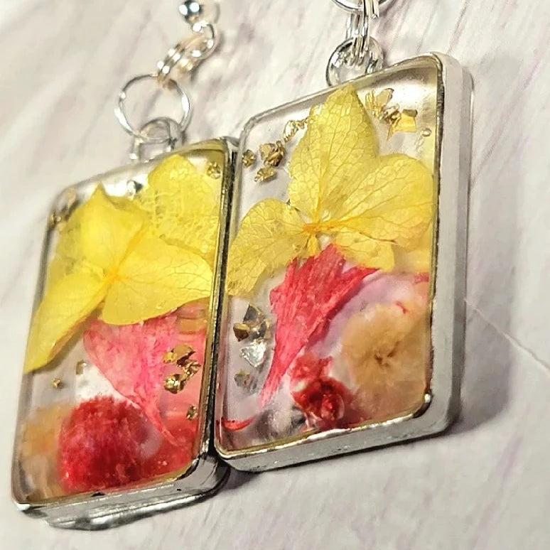 Pressed Yellow & Pink Flower Earrings, Naturally Preserved Real Foliage Dangle, Springtime Floral Wearable Art