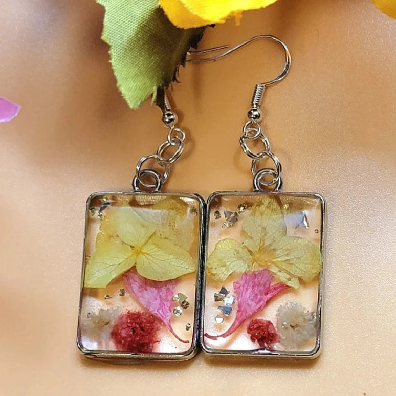 Pressed Yellow & Pink Flower Earrings, Naturally Preserved Real Foliage Dangle, Springtime Floral Wearable Art