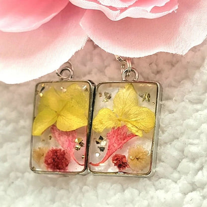 Pressed Yellow & Pink Flower Earrings, Naturally Preserved Real Foliage Dangle, Springtime Floral Wearable Art