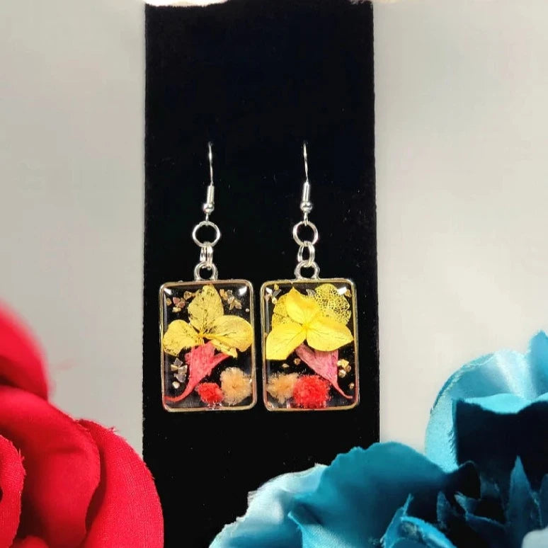 Pressed Yellow & Pink Flower Earrings, Naturally Preserved Real Foliage Dangle, Springtime Floral Wearable Art