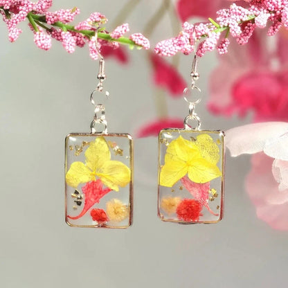 Pressed Yellow & Pink Flower Earrings, Naturally Preserved Real Foliage Dangle, Springtime Floral Wearable Art