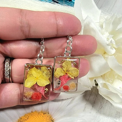 Pressed Yellow & Pink Flower Earrings, Naturally Preserved Real Foliage Dangle, Springtime Floral Wearable Art