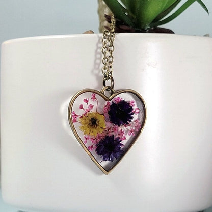 Yellow & Purple Flowers Necklace, Preserved Floral Art Jewelry, Handcrafted Botanical Accessory, Gift for Nature Lovers, Botanical Accessory