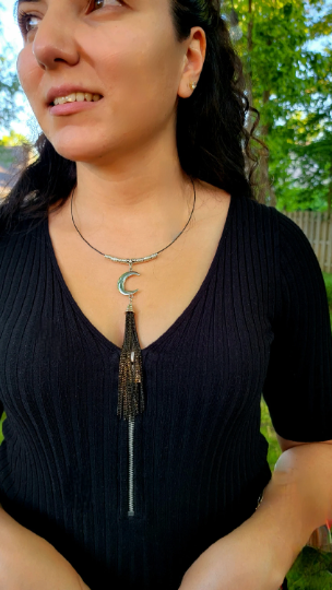 Silver Moon & Tassel Necklace, Moon Jewelry, Celestial Choker, Ethereal Style Accessory, Lunar Inspired Design