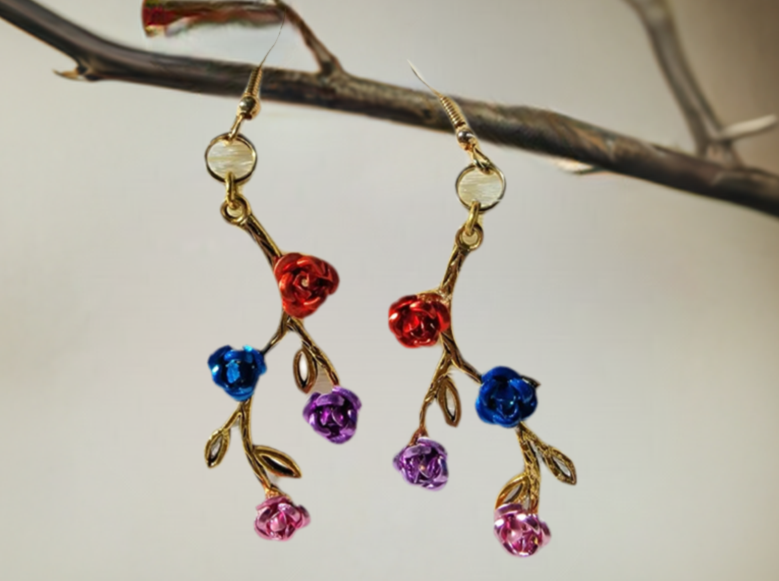 Elegant Gold Rose Vine Drop Earrings, Handcrafted Metallic Floral Dangles