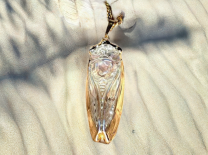 Golden Cicada Necklace in Egyptian Style, Iridescent Glass Pendant