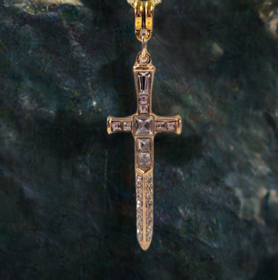 Radiant Rhinestone Gold Cross & Dagger Necklace, Elegant Faith Emblem Pendant, Unisex Spiritual Statement Jewelry