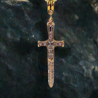 Radiant Rhinestone Gold Cross & Dagger Necklace, Elegant Faith Emblem Pendant, Unisex Spiritual Statement Jewelry