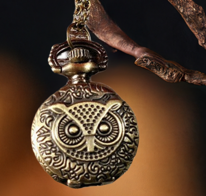 Antique Design Owl Timepiece Necklace, Wisdom-Inspired Pocket Watch Pendant