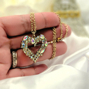 Golden Heart Necklace, Rhinestone Studded Love Pendant