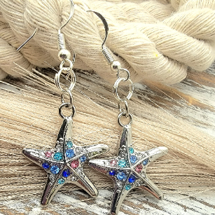 Rhinestone Studded Starfish Earring, Ocean-Inspired Dangle, Lightweight Sparkly Summer Accessory