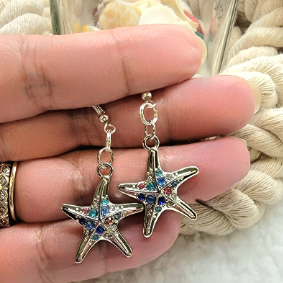 Rhinestone Studded Starfish Earring, Ocean-Inspired Dangle, Lightweight Sparkly Summer Accessory