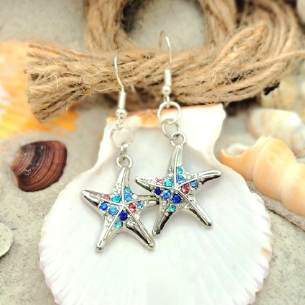 Rhinestone Studded Starfish Earring, Ocean-Inspired Dangle, Lightweight Sparkly Summer Accessory