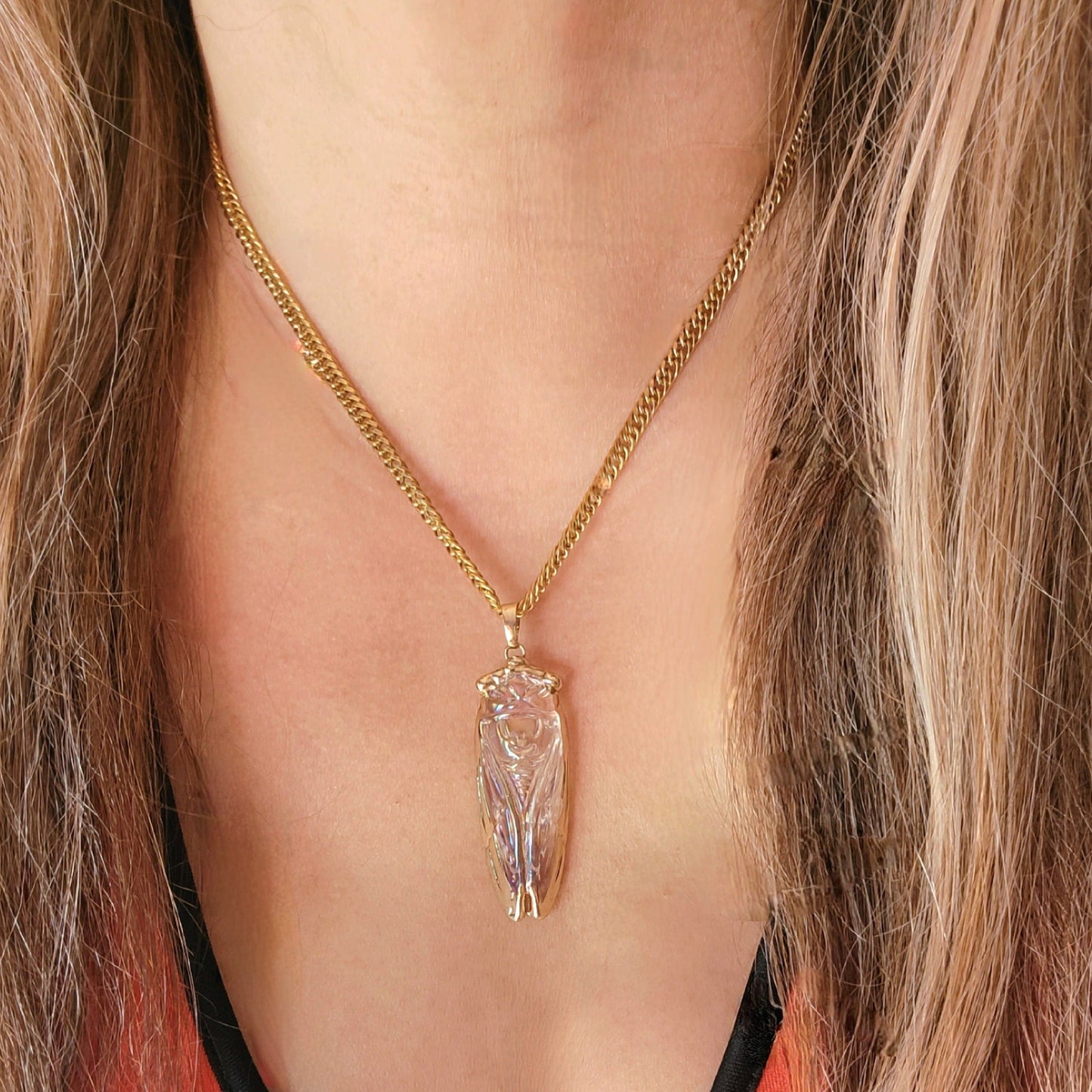 Golden Cicada Necklace in Egyptian Style, Iridescent Glass Pendant