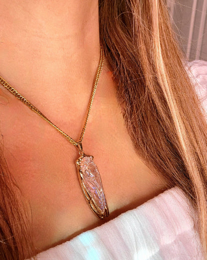 Golden Cicada Necklace in Egyptian Style, Iridescent Glass Pendant