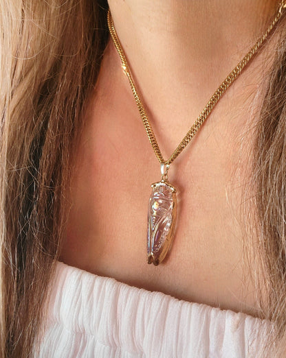 Golden Cicada Necklace in Egyptian Style, Iridescent Glass Pendant