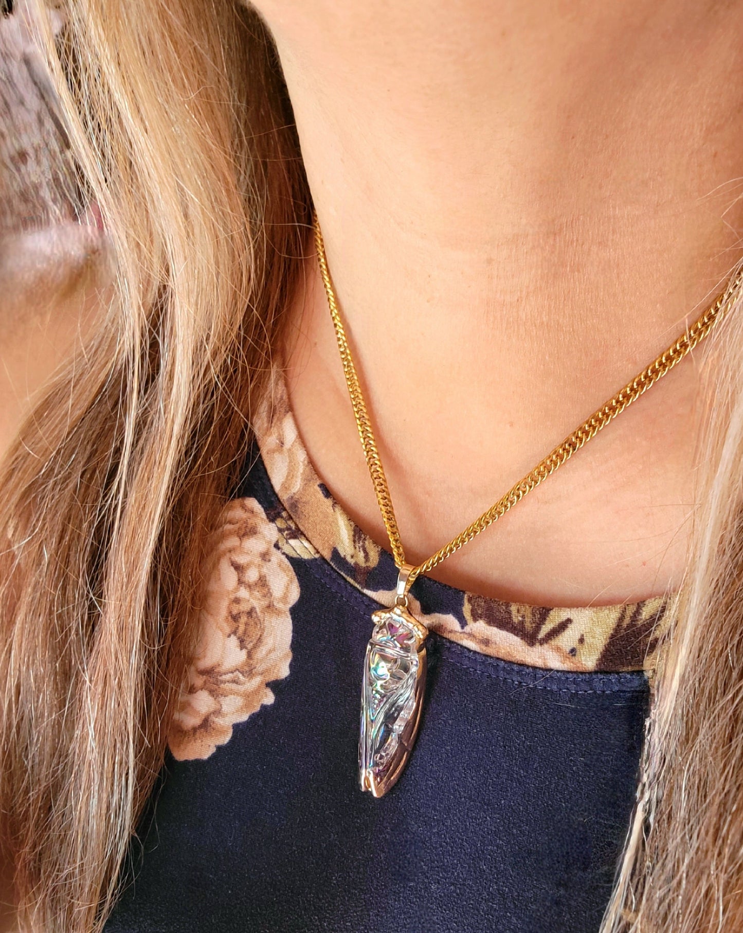 Golden Cicada Necklace in Egyptian Style, Iridescent Glass Pendant