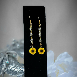 Long Sunflower Dangle Earrings, Symbol of Happiness in Pendant Form, Elegant Gold Rhinestone Jewelry, Joyful & Radiant Accessory