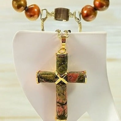 Women's Unakite Stone Cross Pendant, Catholic Pendant, Religious Jewlery