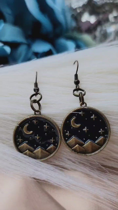 Crescent Moon Stars Dangle Earring, Mountain Ridge Pendants, Stargazer Gift