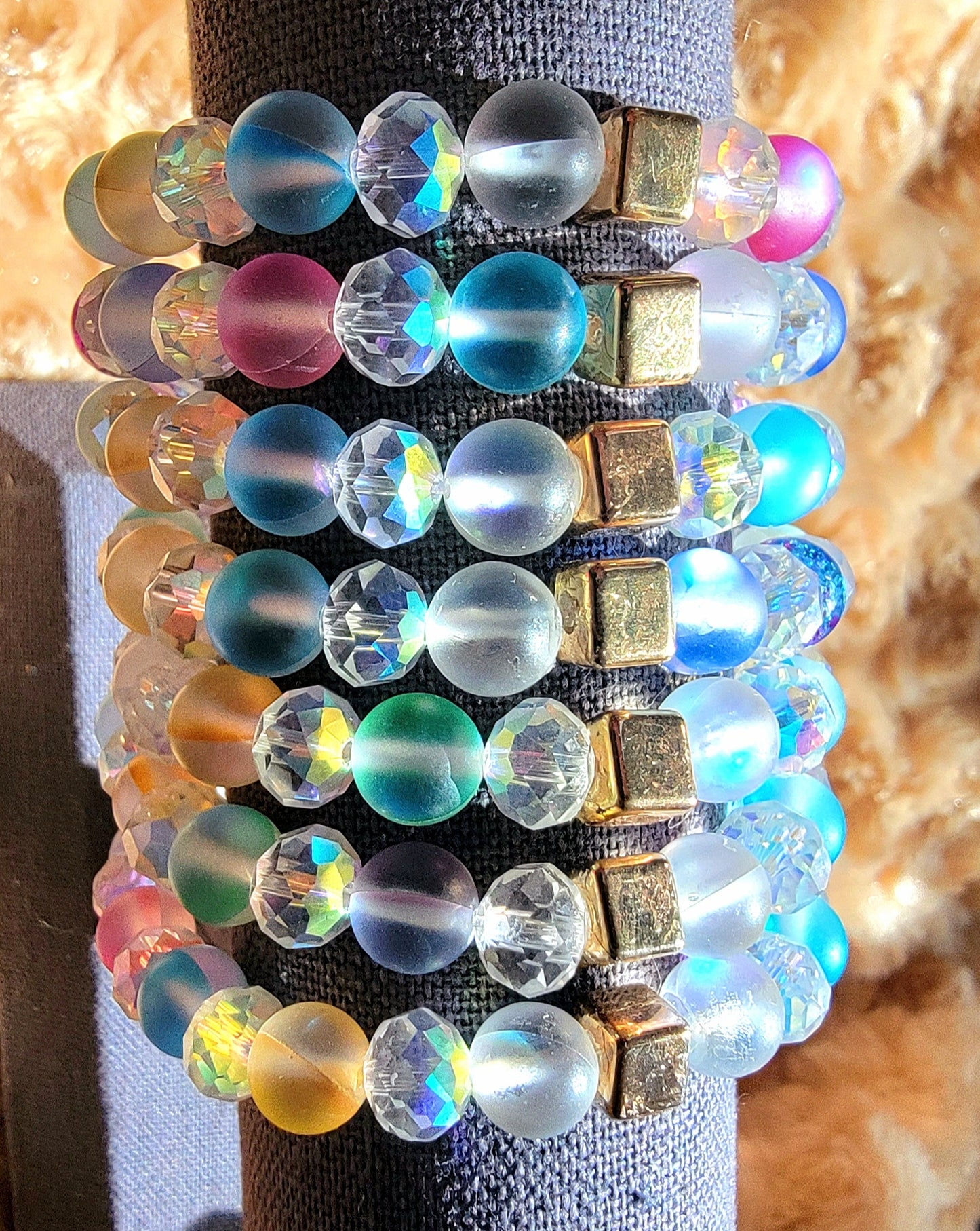 Luminous Rainbow Moonstone Bracelet, Frosted Crystal Bead Wristlet, Spiritual Energy Accessory, Multi-Color Elegant Day-to-Night Adornment