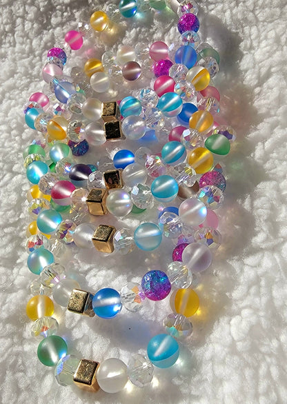 Luminous Rainbow Moonstone Bracelet, Frosted Crystal Bead Wristlet, Spiritual Energy Accessory, Multi-Color Elegant Day-to-Night Adornment