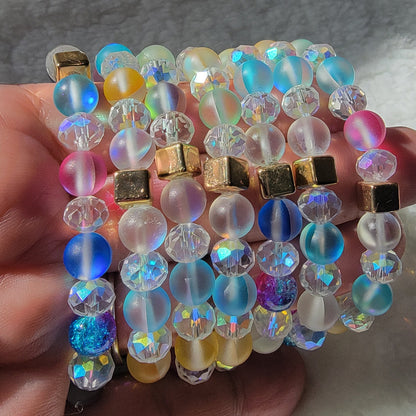 Luminous Rainbow Moonstone Bracelet, Frosted Crystal Bead Wristlet, Spiritual Energy Accessory, Multi-Color Elegant Day-to-Night Adornment