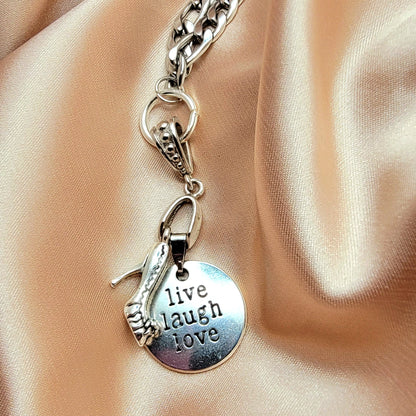 Stiletto Heels Charm on Figaro Silver Necklace, Live Love Laugh Inspirational Word Jewelry, High Heel Pendant, Motivational Jewelry, Women Empowerment