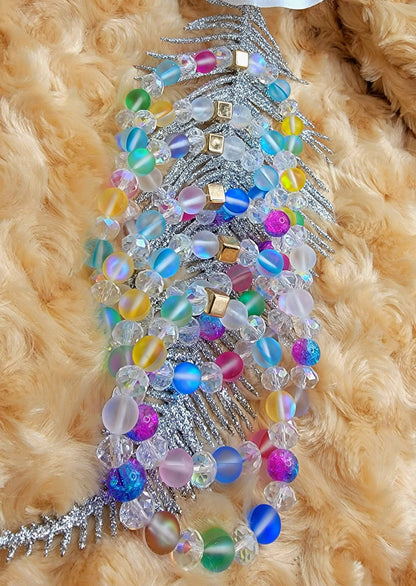 Luminous Rainbow Moonstone Bracelet, Frosted Crystal Bead Wristlet, Spiritual Energy Accessory, Multi-Color Elegant Day-to-Night Adornment