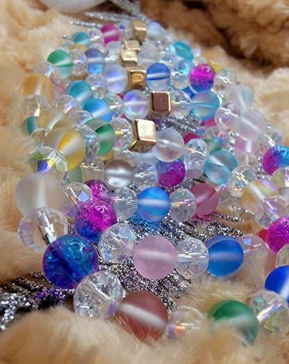 Luminous Rainbow Moonstone Bracelet, Frosted Crystal Bead Wristlet, Spiritual Energy Accessory, Multi-Color Elegant Day-to-Night Adornment