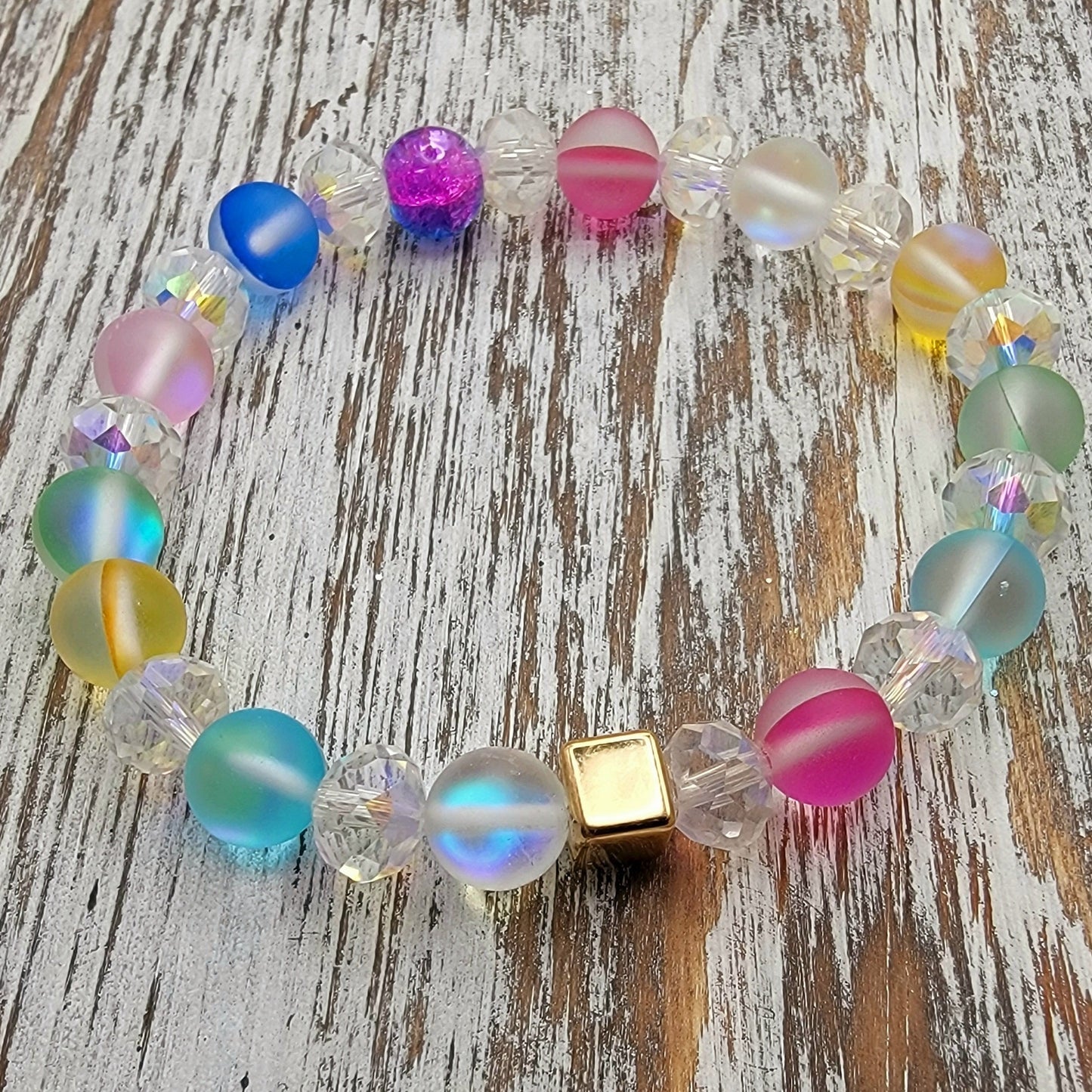 Luminous Rainbow Moonstone Bracelet, Frosted Crystal Bead Wristlet, Spiritual Energy Accessory, Multi-Color Elegant Day-to-Night Adornment