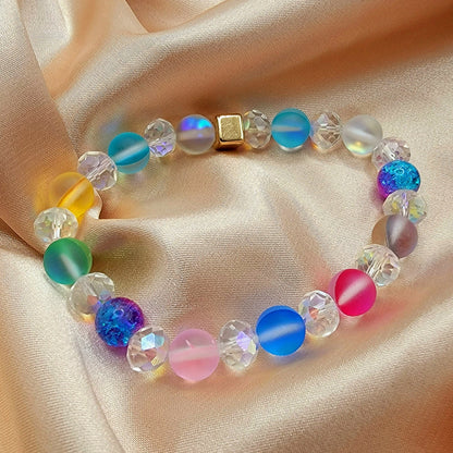 Luminous Rainbow Moonstone Bracelet, Frosted Crystal Bead Wristlet, Spiritual Energy Accessory, Multi-Color Elegant Day-to-Night Adornment