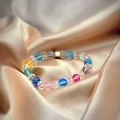 Luminous Rainbow Moonstone Bracelet, Frosted Crystal Bead Wristlet, Spiritual Energy Accessory, Multi-Color Elegant Day-to-Night Adornment