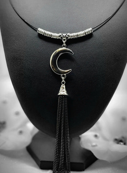 Silver Moon & Tassel Necklace, Moon Jewelry, Celestial Choker, Ethereal Style Accessory, Lunar Inspired Design