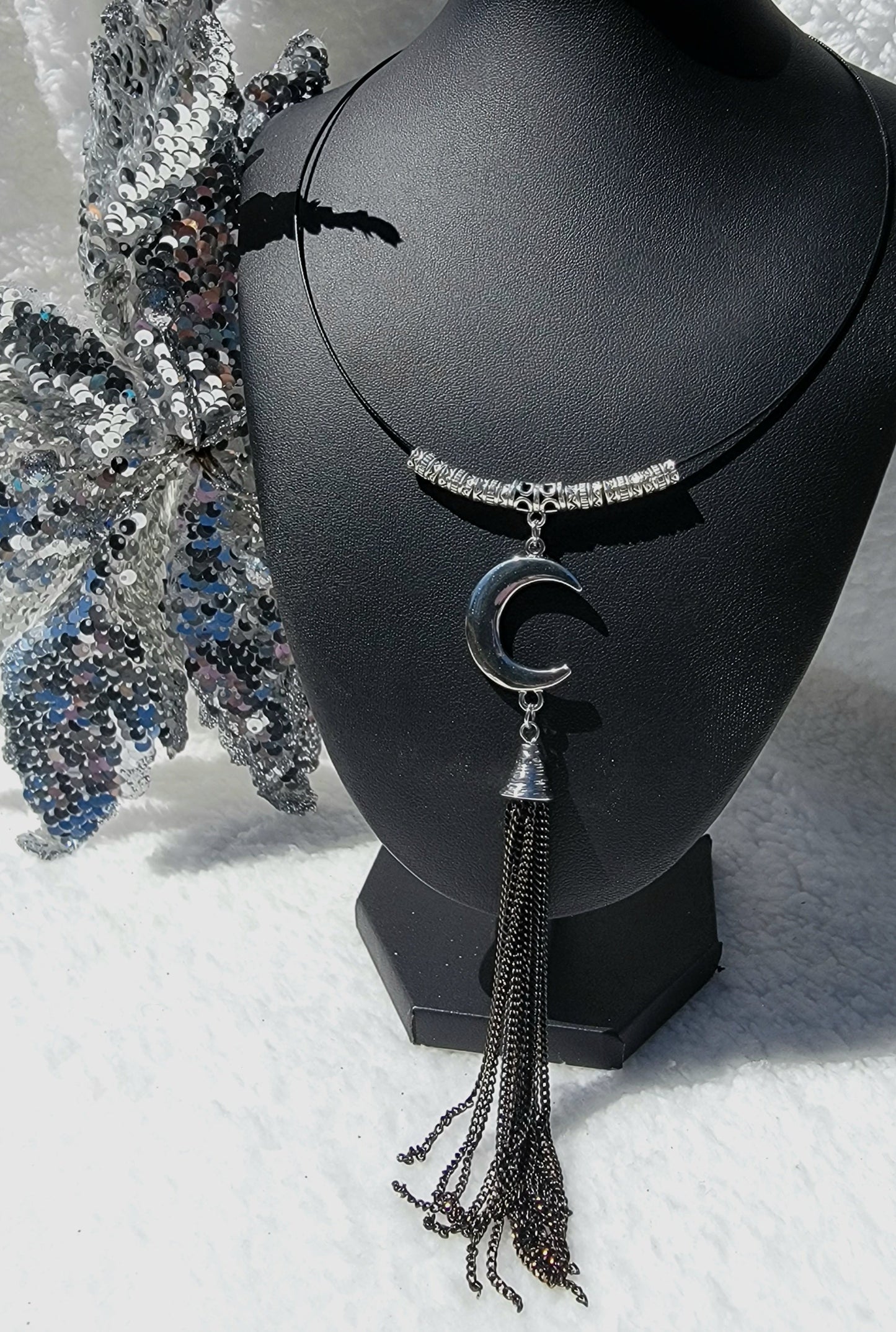 Silver Moon & Tassel Necklace, Moon Jewelry, Celestial Choker, Ethereal Style Accessory, Lunar Inspired Design