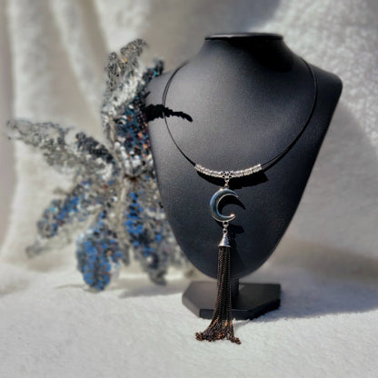 Silver Moon & Tassel Necklace, Moon Jewelry, Celestial Choker, Ethereal Style Accessory, Lunar Inspired Design