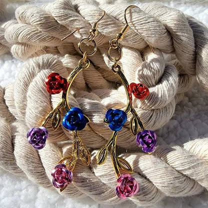 Pendientes de vid de rosa 3D, joyería de gota de oro, color metálico, colgante hecho a mano único, gota elegante, joyería de flores de moda, floral elegante