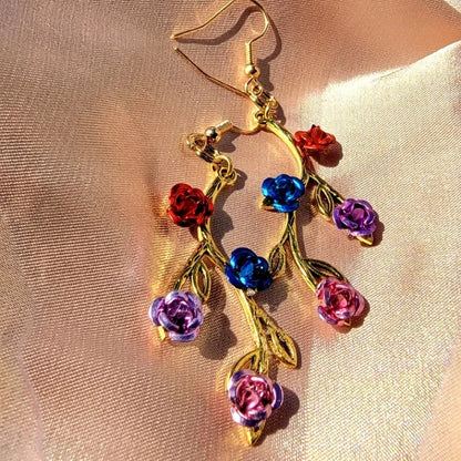 Elegant Gold Rose Vine Drop Earrings, Handcrafted Metallic Floral Dangles