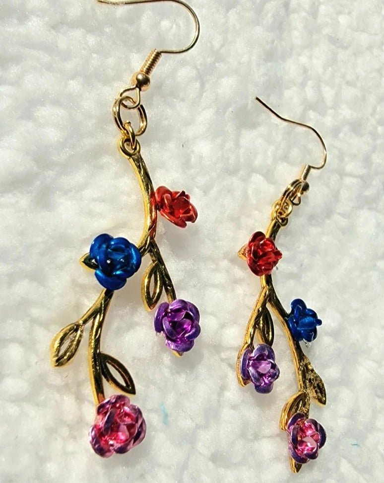 Elegant Gold Rose Vine Drop Earrings, Handcrafted Metallic Floral Dangles