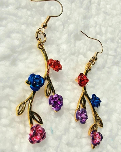 Elegant Gold Rose Vine Drop Earrings, Handcrafted Metallic Floral Dangles