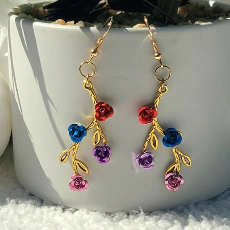 Elegant Gold Rose Vine Drop Earrings, Handcrafted Metallic Floral Dangles