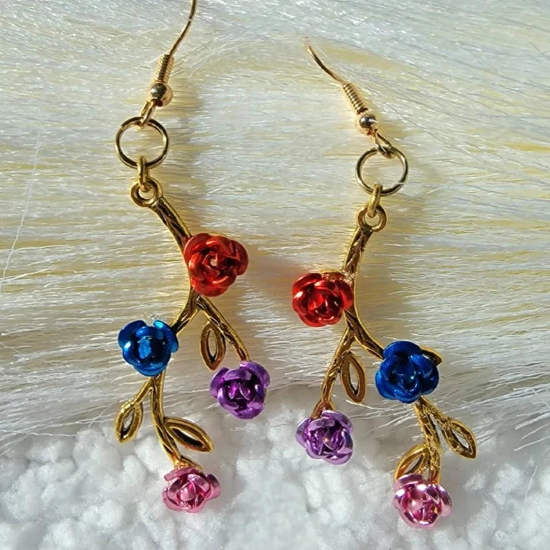 Elegant Gold Rose Vine Drop Earrings, Handcrafted Metallic Floral Dangles