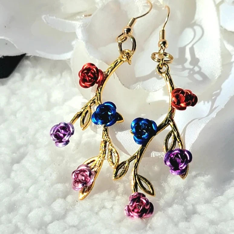 Elegant Gold Rose Vine Drop Earrings, Handcrafted Metallic Floral Dangles